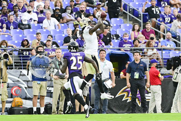 New Orleans Saints wide receiver Marquez Callaway (1) makes a catch against the Baltimore Ravens. Mandatory Credit: Tommy Gilligan-USA TODAY Sports